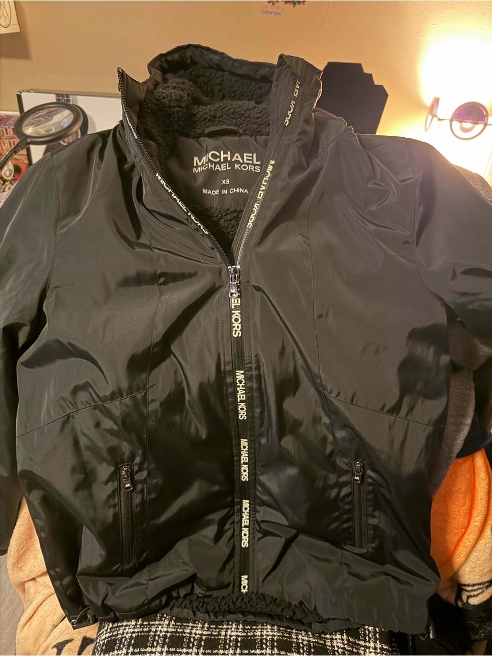 Michael Kors Black Hooded Windbreaker with Logo Zip Trim Coat